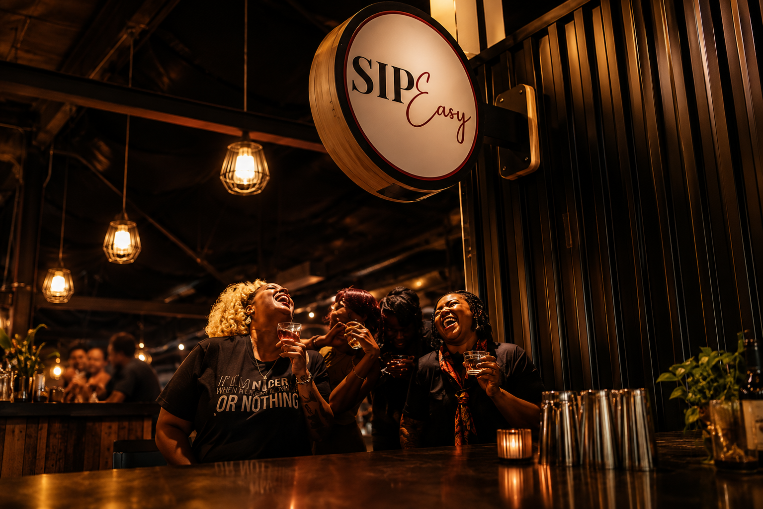 Friends toasting in an upscale wine lounge